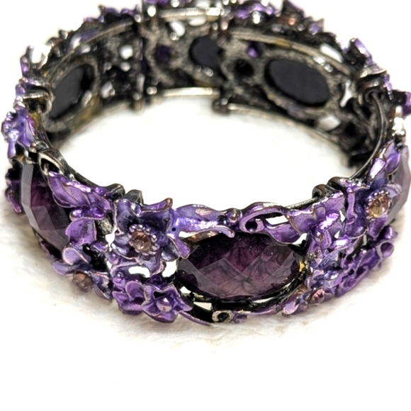 Vintage Purple Enamel Floral Bracelet w/ Pink Rhinestone Accents Wrap Bracelet - Picture 3 of 9
